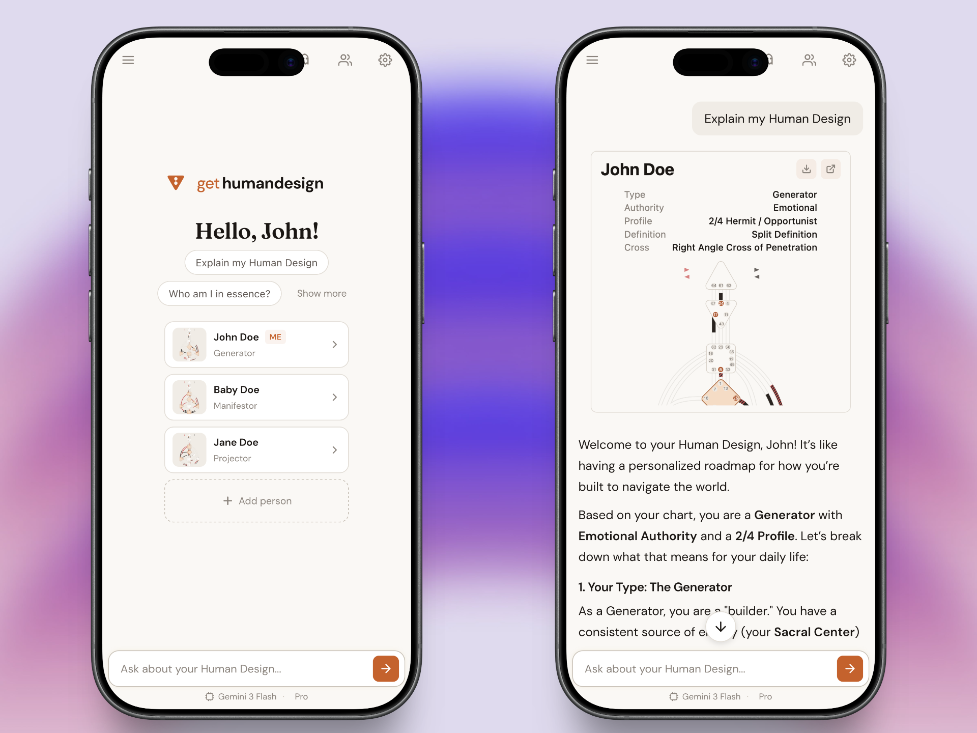 AI coaching conversation explaining a Human Design chart with type, authority, and profile insights